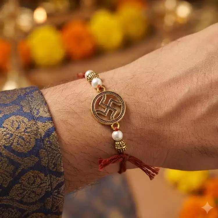 Order Oval Shape Swastik Metal Rakhi Online India